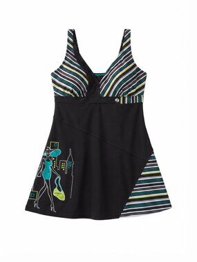 Elements Swim Black Graphic & Stripe One-Piece Swimdress – Size Large